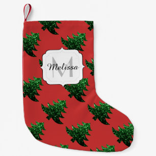 Sparkly Christmas tree green sparkles Monogram red Small Christmas Stocking