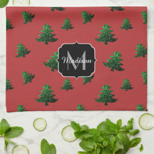 Sparkly Christmas tree green sparkles Monogram red Tea Towel