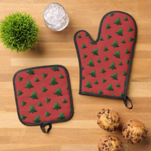 Sparkly Christmas tree green sparkles pattern red Oven Mitt & Pot Holder Set