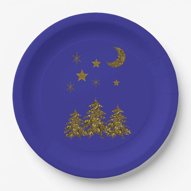 Sparkly Christmas tree, moon, stars on blue Paper Plate (Front)