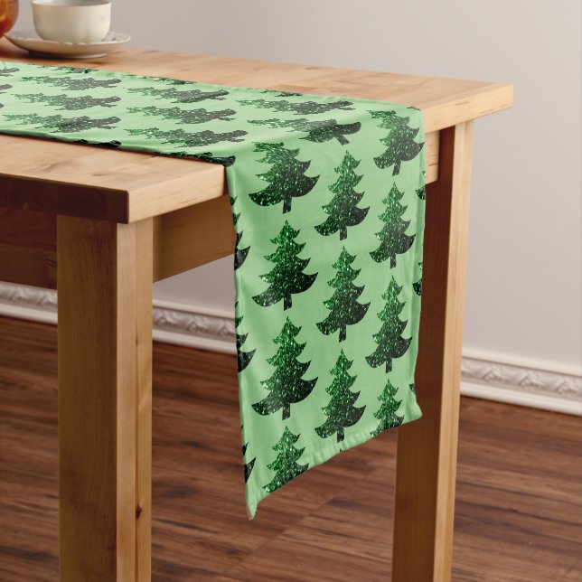 Sparkly Christmas tree sage green pattern Short Table Runner (In Situ)