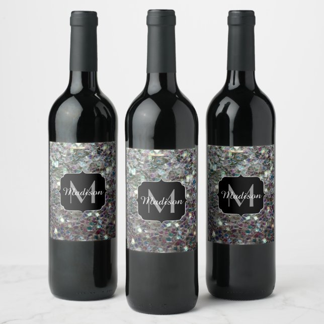 Sparkly colorful silver mosaic Monogram Wine Label (Bottles)