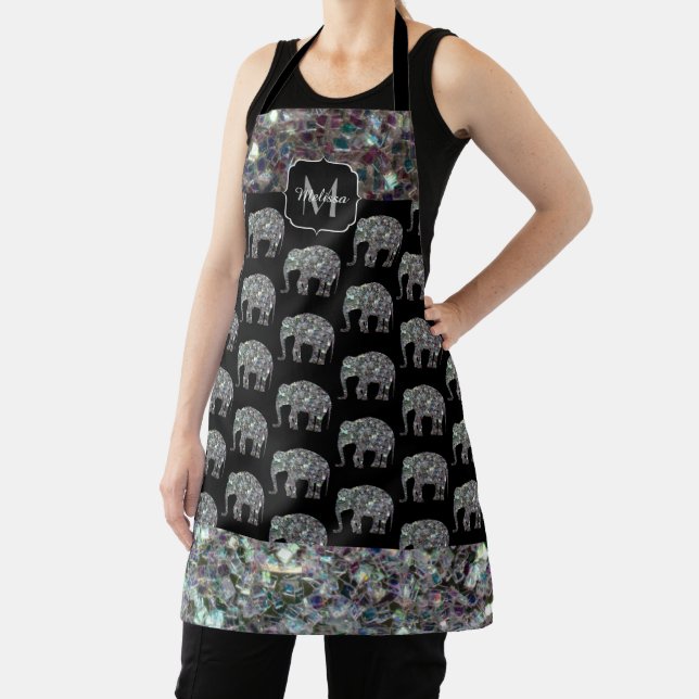 Sparkly colourful silver mosaic Elephant Monogram Apron (Insitu)