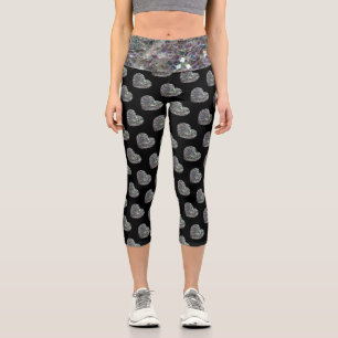 Sparkly colourful silver mosaic Heart black patter Capri Leggings