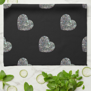 Sparkly colourful silver mosaic Hearts pattern Tea Towel