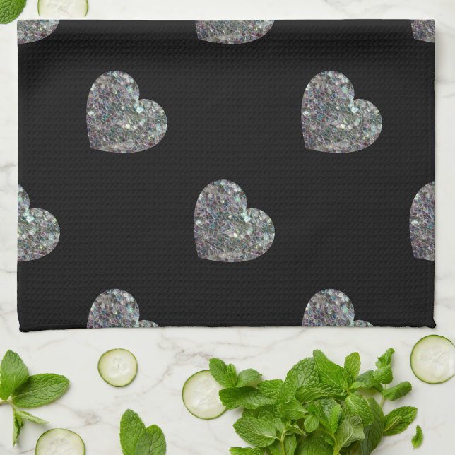 Sparkly colourful silver mosaic Hearts pattern Tea Towel (Folded)