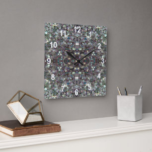 Sparkly colourful silver mosaic Mandala w numbers Square Wall Clock