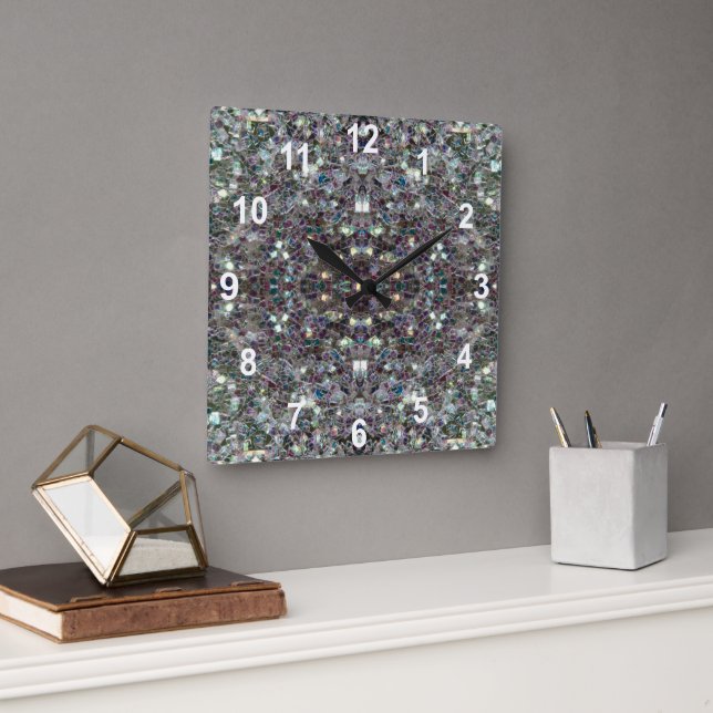 Sparkly colourful silver mosaic Mandala w numbers Square Wall Clock (Office)