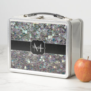 Sparkly colourful silver mosaic Monogram Metal Lunch Box