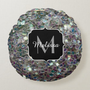 Sparkly colourful silver mosaic Monogram Round Cushion
