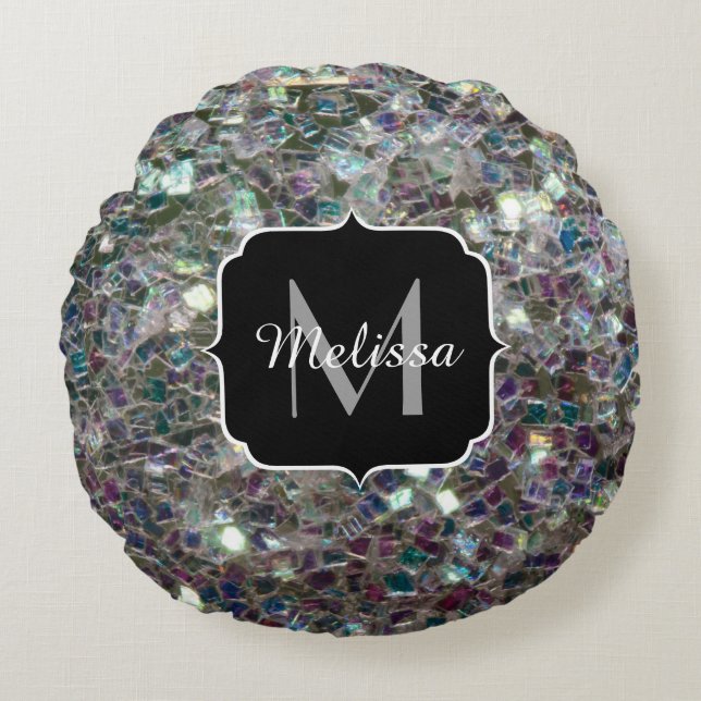 Sparkly colourful silver mosaic Monogram Round Cushion (Front)