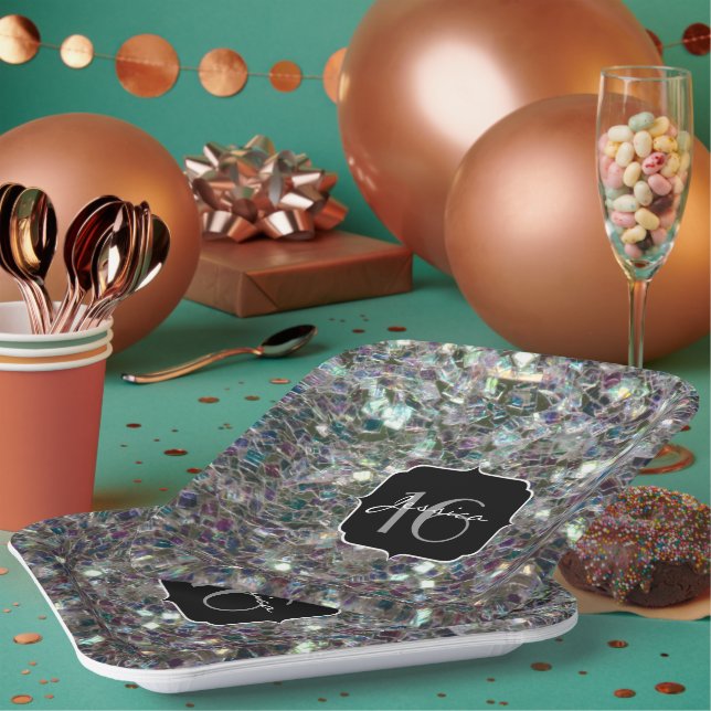 Sparkly colourful silver mosaic Sweet 16 Paper Plate (Multi)