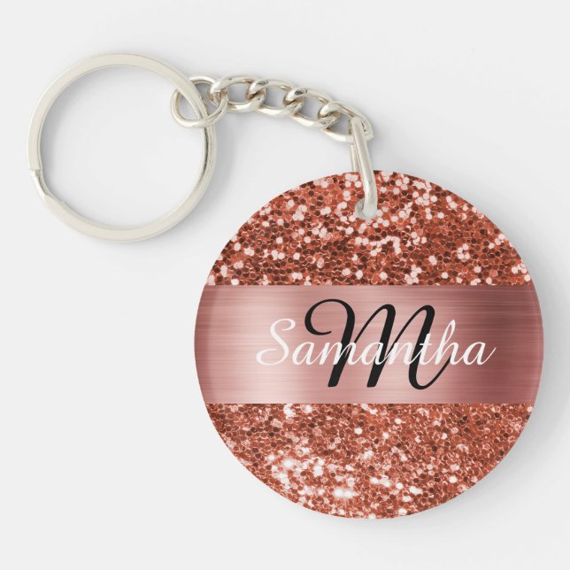 Sparkly Copper Glitter Rose Gold Foil Monogram Key Ring (Front)