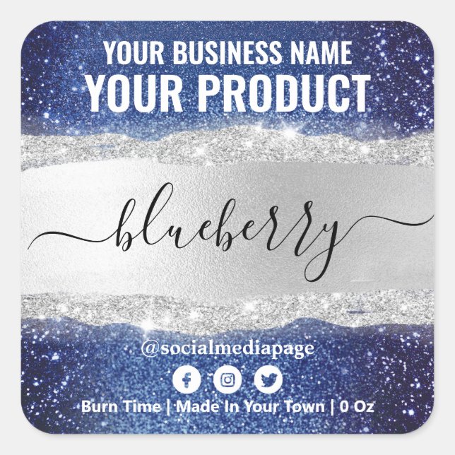 Sparkly Dark Blue And Silver Scented Candle Labels (Front)