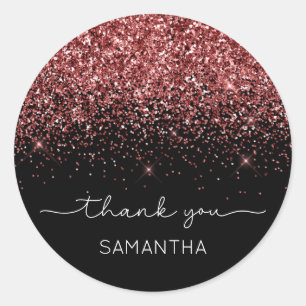 Sparkly Dark Red Glitter Black Name Thank You Classic Round Sticker