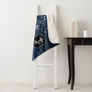 Sparkly Deep Blue Sea Waves Monogram Sherpa Blanket