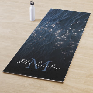Sparkly Deep Blue Sea Waves Monogram Yoga Mat