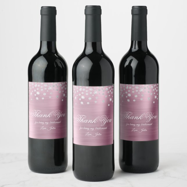 Sparkly Diamond Pink Satin Foil Thank You Wine Label (Bottles)