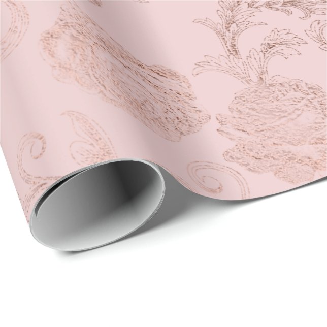 Sparkly Diamonds Blush Damask Pink Rose Gold Wrapping Paper (Roll Corner)