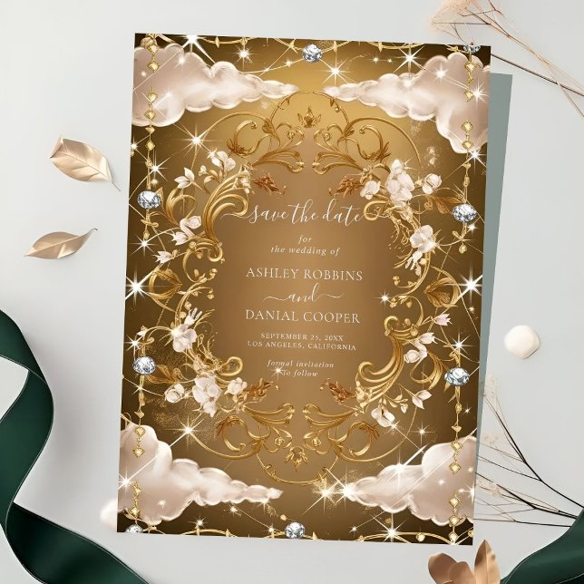 Sparkly Diamonds Golden florals Save The Date Invitation (Creator Uploaded)