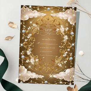Sparkly Diamonds Golden florals Wedding RSVP Card