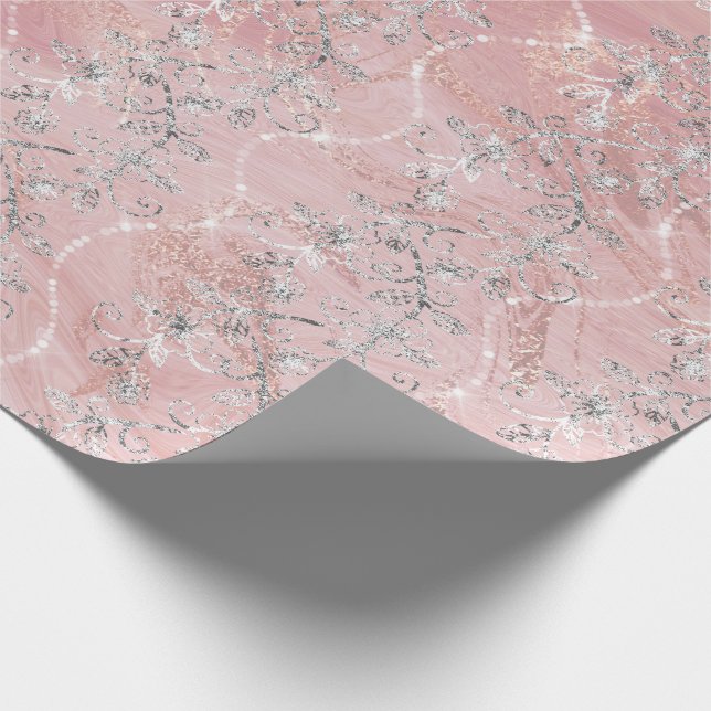 Sparkly Diamonds Marble Silver Pink Rose Gold Wrapping Paper (Corner)