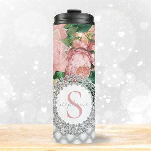 Sparkly Diamonds Monogram Pink Roses Elegant Bling Thermal Tumbler