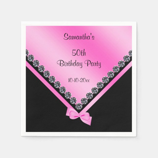 Sparkly Diamonds & Pink Bow 50th Birthday Napkin (Front)