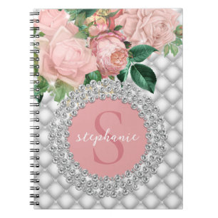 Sparkly Diamonds Pink Roses Monogram Notebook