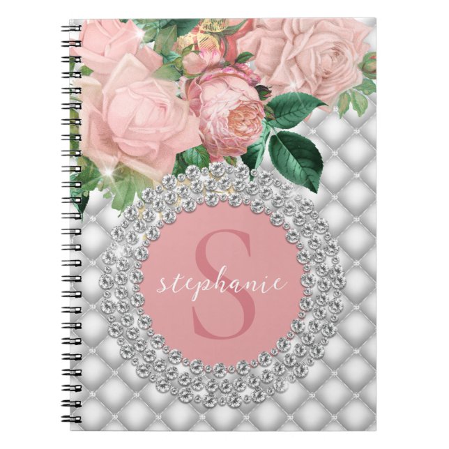 Sparkly Diamonds Pink Roses Monogram  Notebook (Front)