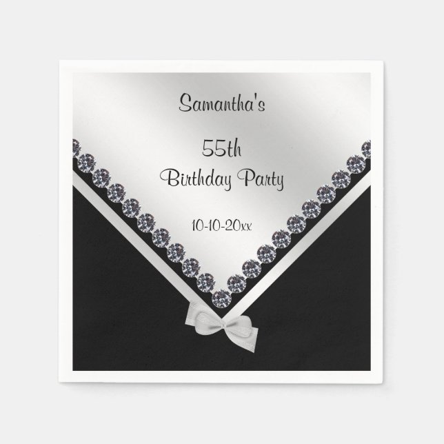 Sparkly Diamonds & Silver Bow 55th Birthday Napkin (Front)