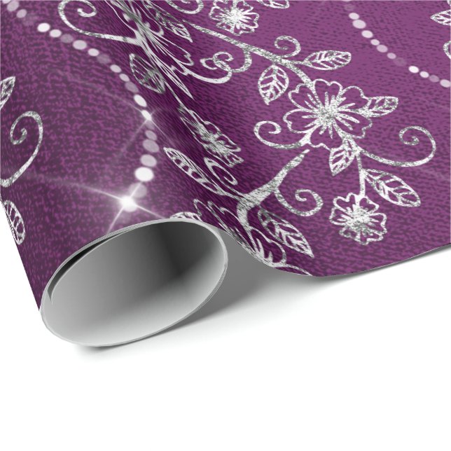 Sparkly Diamonds Silver Floral Purple Grey Plum Wrapping Paper (Roll Corner)