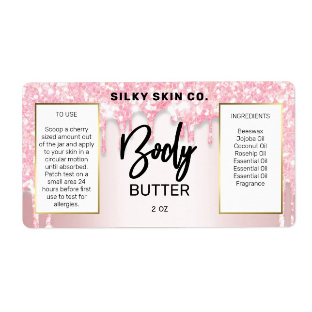 Sparkly Dripping Glitter Pink Body Butter Labels (Front)
