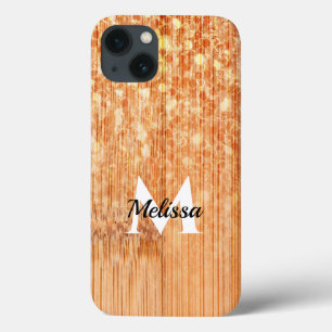 Sparkly elegant orange bamboo wood print Monogram iPhone 13 Case