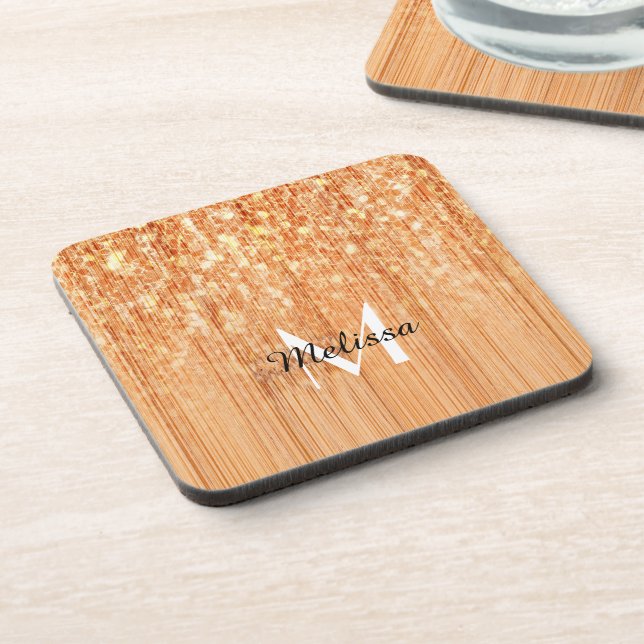 Sparkly elegant orange bamboo wood print Monogram Coaster (Left Side)