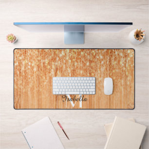 Sparkly elegant orange bamboo wood print Monogram Desk Mat