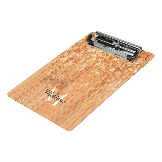Sparkly elegant orange bamboo wood print Monogram Mini Clipboard (Angled3)