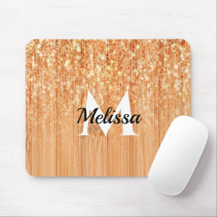 Sparkly elegant orange bamboo wood print Monogram Mouse Pad