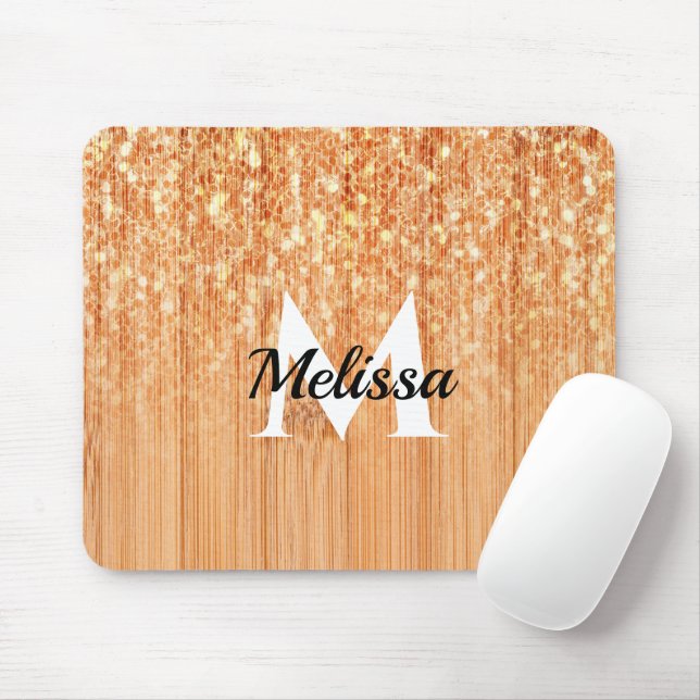 Sparkly elegant orange bamboo wood print Monogram Mouse Pad (With Mouse)