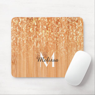 Sparkly elegant orange bamboo wood print Monogram Mouse Pad
