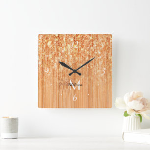 Sparkly elegant orange bamboo wood print Monogram Square Wall Clock