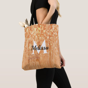 Sparkly elegant orange bamboo wood print Monogram Tote Bag