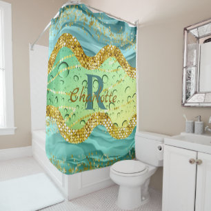 Sparkly Emerald Green Monogram   Luminous Gradient Shower Curtain