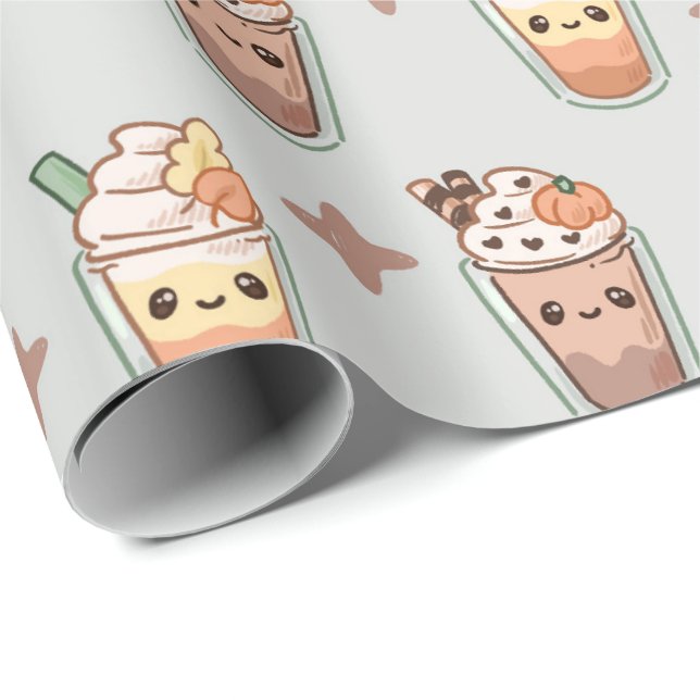 Sparkly Fall Drinks Kawaii Pastel Pattern Wrapping Paper (Roll Corner)