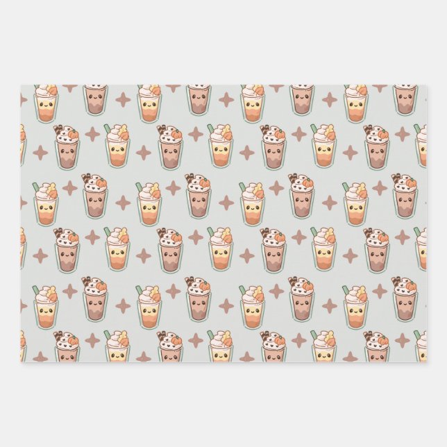 Sparkly Fall Drinks Kawaii Pastel Pattern Wrapping Paper Sheet (Front)