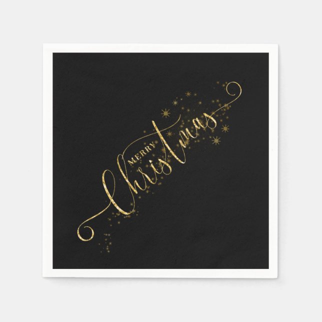 Sparkly Faux Gold Flake Merry Christmas on Black Napkin (Front)