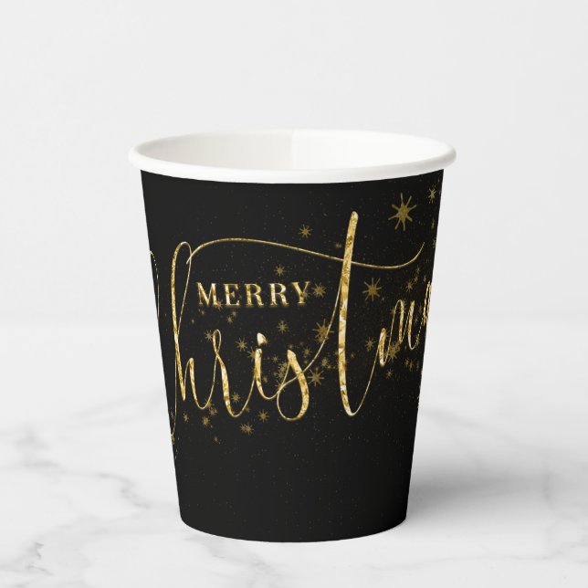 Sparkly Faux Gold Flake Merry Christmas on Black Paper Cups (Left)
