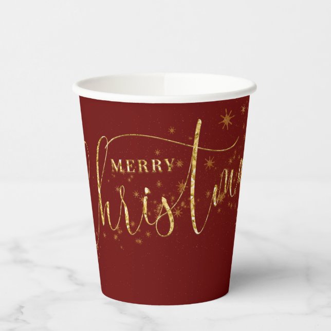 Sparkly Faux Gold Flake Merry Christmas on Red Paper Cups (Left)