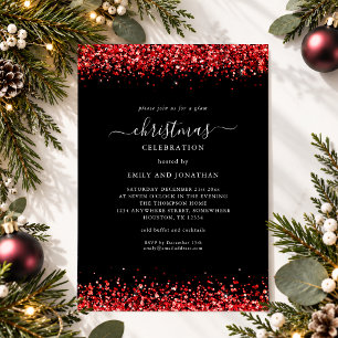 Sparkly Faux Red Glitter Christmas Party Black Invitation