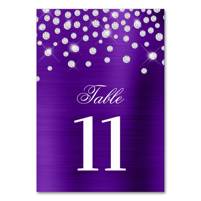 Sparkly Faux Silver Diamonds Indigo Satin Foil Table Number (Front)